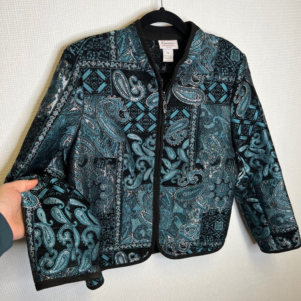 Renaissance Petite Womens Teal Black Paisley Tapestry Zip Up Jacket‎ PM Metallic